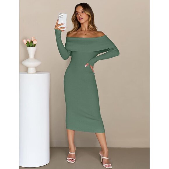 Merokeety Women's Dustygreen Off Shoulder Long Sleeve Elegant Bodycon Midi Dress - Picture 7 of 9